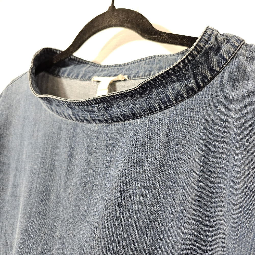 EILEEN FISHER Size Small Blue Boatneck Denim 3/4 Sleeve Top With Pockets - Picture 12 of 16